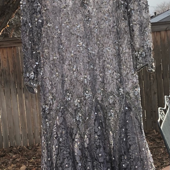 Vintage Neiman Marcus Silver Beaded Long Sleeve Drop Waist Dress Gown Medium - Picture 5 of 12